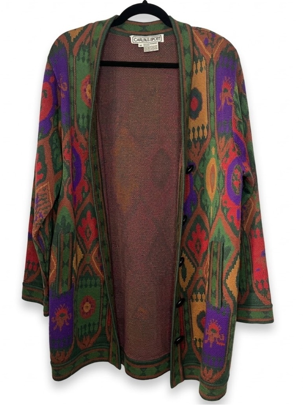 Carlisle Sport Vintage 1980s Intarsia Knit 100% Virgin Wool Cardigan Sweater M